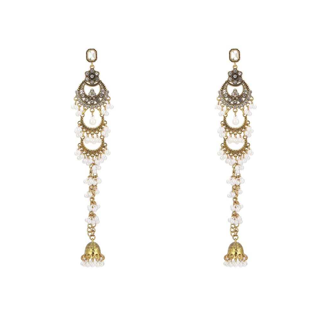 Diamond Bells, Fringed Pearl Earrings, Exotic Ethnic Style Vacation Travel Long Earrings, Exaggerated Personalized Earrings