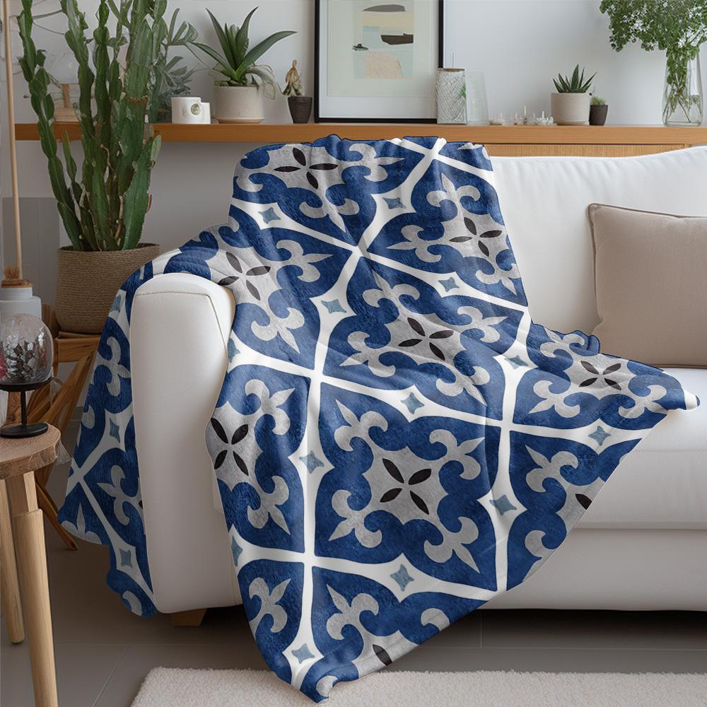 Navy Blue Geometric Tile Pattern Fleece Blanket Sofa Throw Decorative Throw Blanket Bed Cover Gift