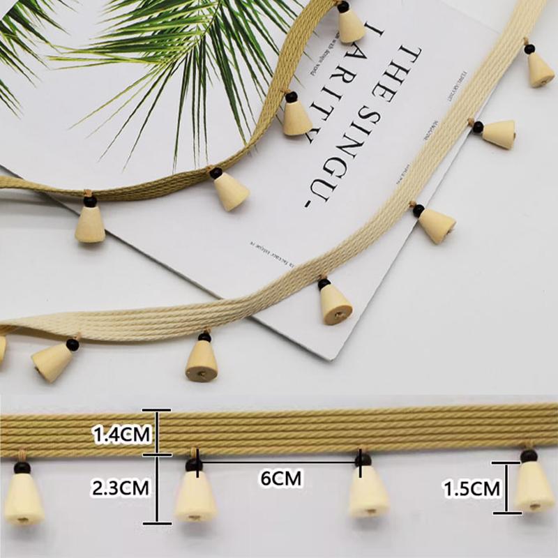 3/6M Japanese Style Wood Bead Pendant Tassel Fringe Lace Trim Edge Diy Upholstery Chandelier Tablecloth Curtain Decor Accessory
