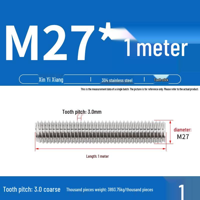 304 Stainless Steel Full Threaded Rod, 1 Meter, available in sizes M3, M6, M8, M10, M12.