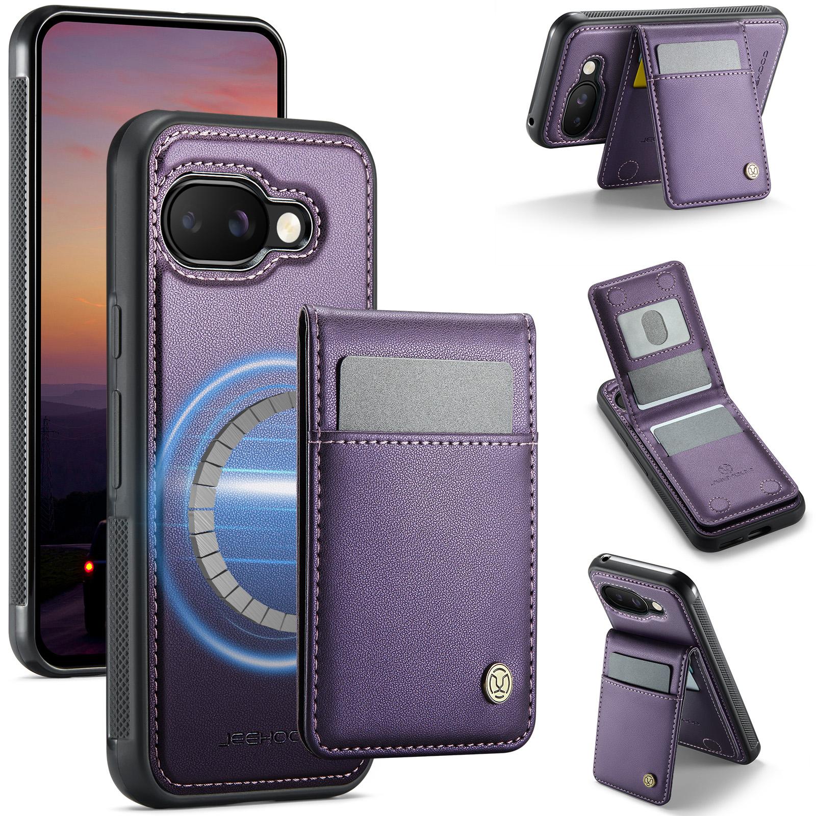 

For Google Pixel 9a Leather Back Cover Compatible with MagSafe JEEHOOD J06 Phone Case with Card Bag RFID Blocking Purple