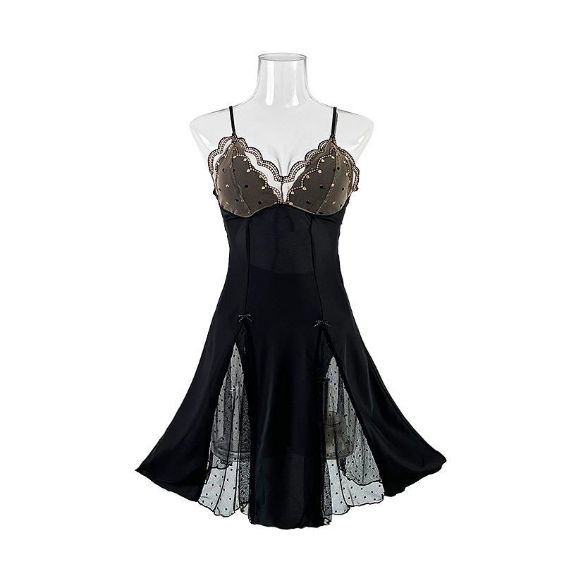 Satin Lace Polka Dot Mesh Nightgown with Chest Pads - Sexy, Skin-Friendly, Multi-Color Camisole Loungewear for Women