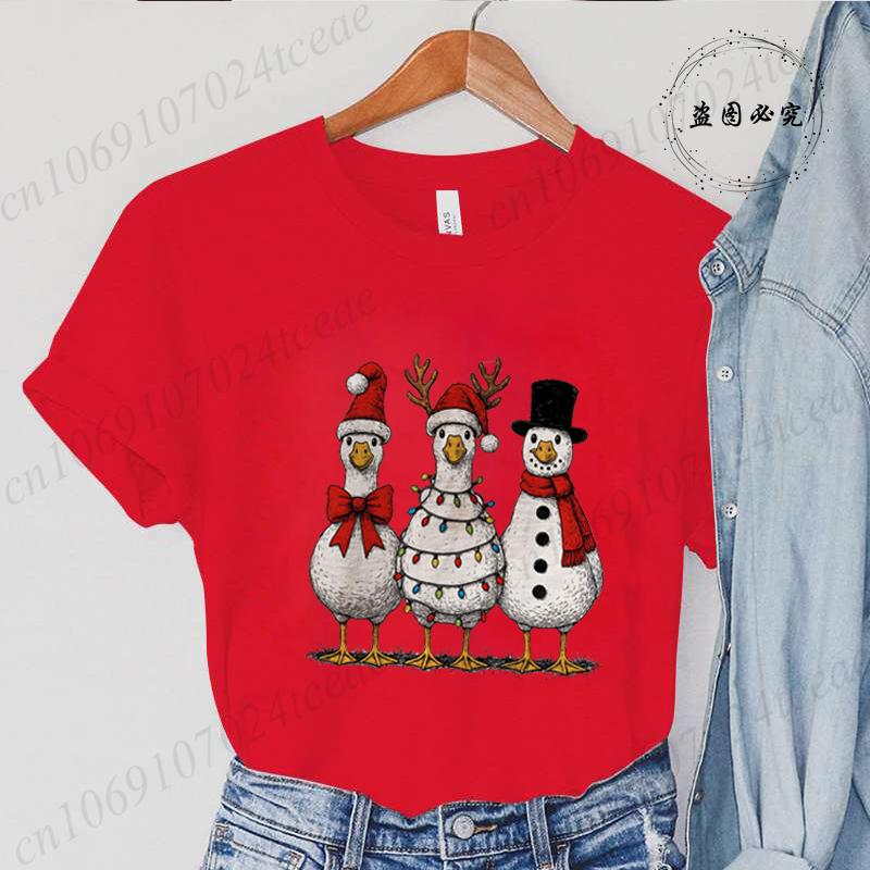 Vintage Jul Gås Tryck Unisex T-shirts Kläder Rund Hals T-shirt Kort Ärm Avslappnad Topp Tomte Gås Unisex Kläder