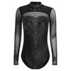 Women Mock Turtleneck Long Sleeve See-through Sparkly Rhinestone Leotards Gymnastics Performance Outfits