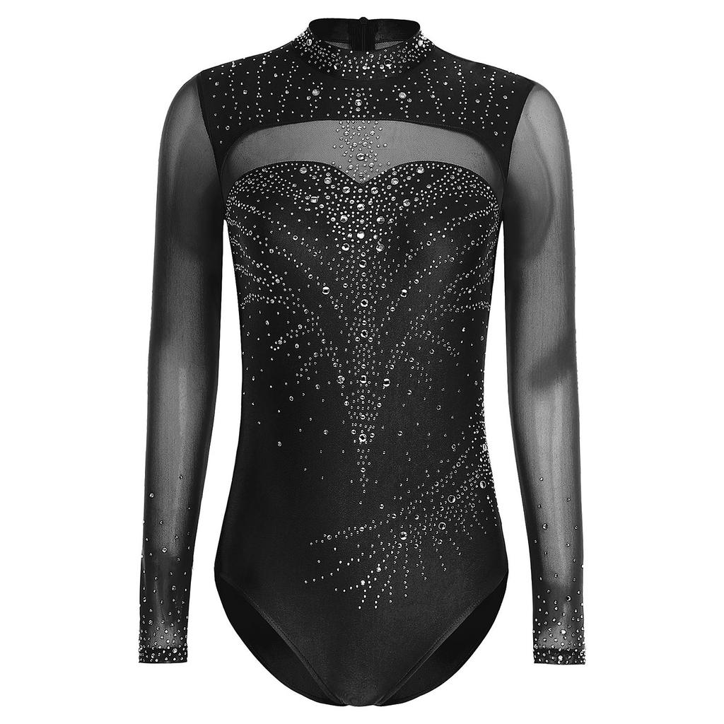 Women Mock Turtleneck Long Sleeve See-through Sparkly Rhinestone Leotards Gymnastics Performance Outfits