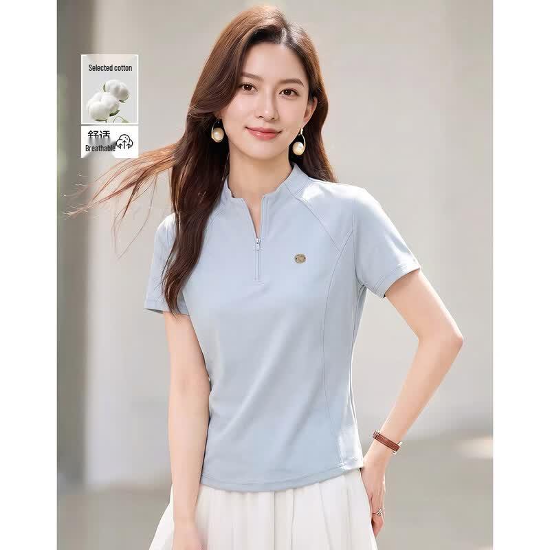 Demana Women s Athleisure Half-Zip Round Neck Short Sleeve T-Shirt M