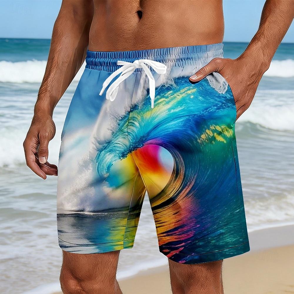 Men's Seawater Ocean Waves Swim Trunks Bathing Suits Swim Shorts Board Shorts Mid Waist Hawaiian Beach Vacation