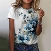 2025 New Summer Temperament Women's Floral Blue Printed Women's T-shirt Round Neck Short Sleeve Street Casual Daily Basic Tops