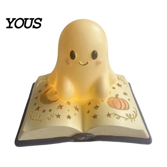 Lâmpada de Mesa Figurine Fantasma Livro Mágico Luz Noturna, Resina de Mesa Brilho Quente com Lua Luz Fofa Estrela em Relevo, Mesinha de Cabeceira para Dormir para Crianças