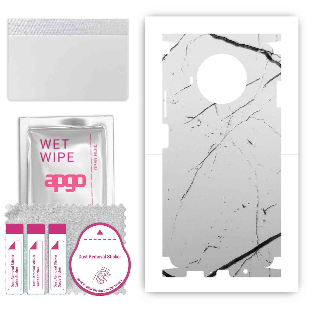 apgo Autocolant de protecție pentru spate + fețe compatibil cu Xiaomi Redmi Note 9 Pro 5G, folie completă, folie, vinil - model marmură albă