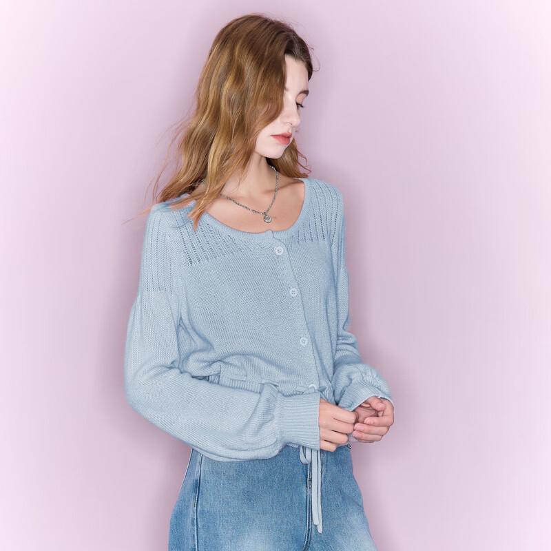 Sancai Women's Round Neck Lantern Sleeve Knit Cardigan