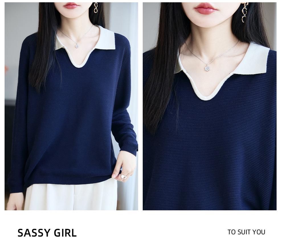 Women's French Retro Slim Fit Wool Knitwear with Color Block Lapel