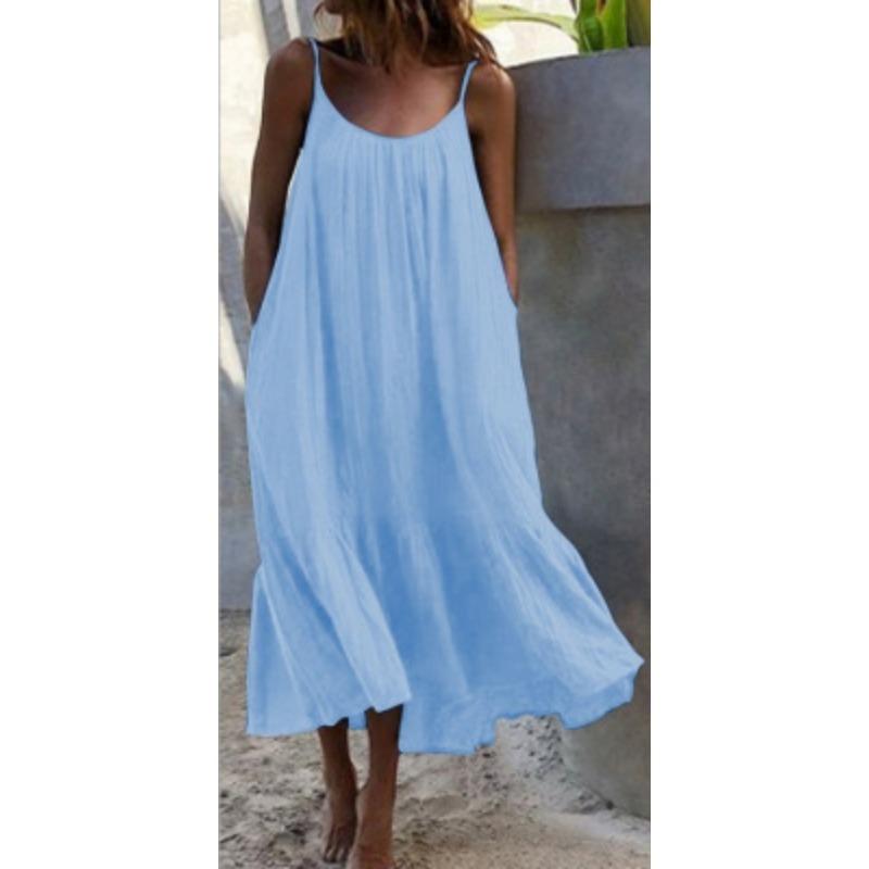 Summer Loose Ruffle Edge A-line Large Size Dress Solid Color Long Dresses Fashion Sleeveless Casual Sweet Suspender Strap Party Simple Elegant Dress