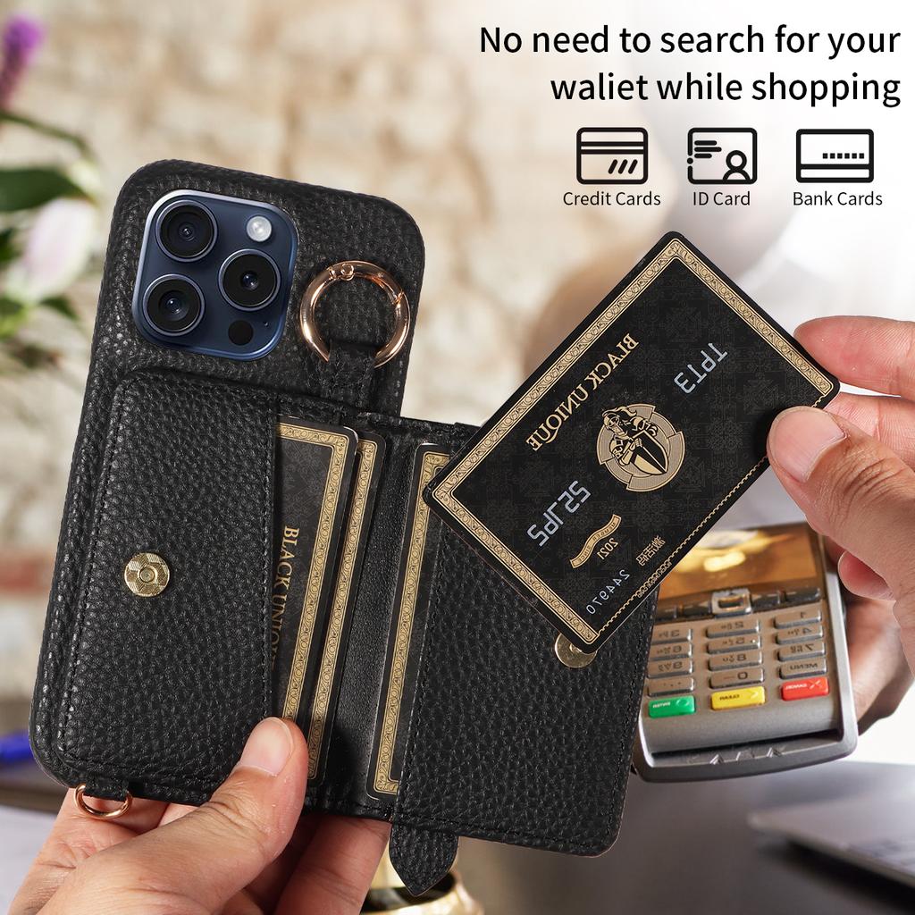 Faux Leather Phone Case for Iphone 16e 16promax 15 14 13 12 11 Crossbody Shockproof With Ring and Stand Function Wallet Cover