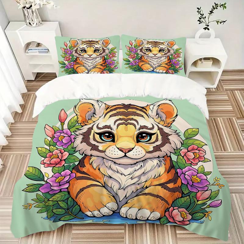 3pcs Cute Tiger Quilt Cover Set (1 Quilt Cover + 2 Pillowcases Without Pillow Core), High-Definition Printing for Home and Dormitory.L031