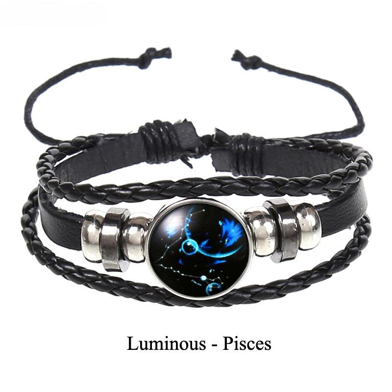 12 Constellations Multi-layer Woven Luminous Punk Cowhide Starry Sky Bracelet Jewelry, Unisex, Popular Couple Hand Rope