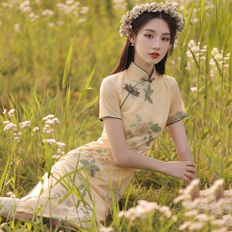 New summer improved cheongsam women's clothing retro Chinese style long printed short-sleeved lady's dress