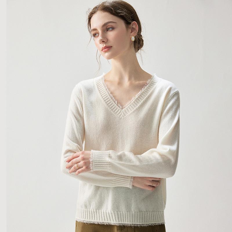 Kaschmir V-Ausschnitt Quasten Pullover - Herbst/Winter 2026 Damen Locker Elegant Schlankmachendes Oberteil.
