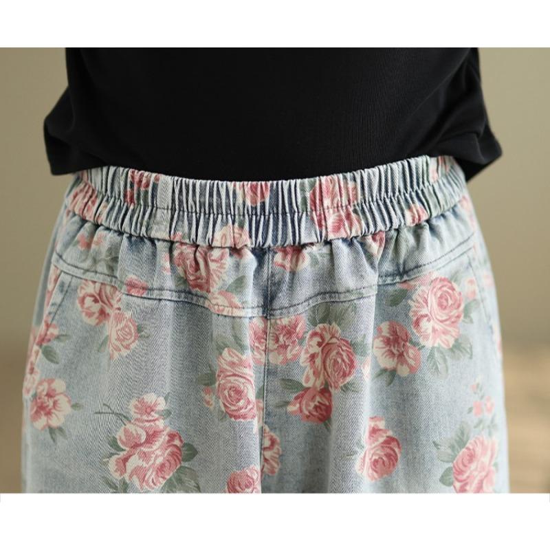 DIMANAF 2025 Plus Size Autumn Jeans New Long Pants Women Loose Denim Trousers Big Size Casual Floral Print