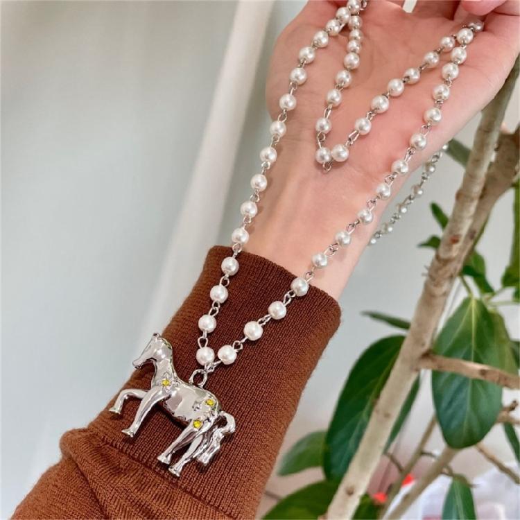 Long Chain Horse Pendant Pearls Necklace Designed for Easy Layering Alongside Other Chains in Fashion Styles
