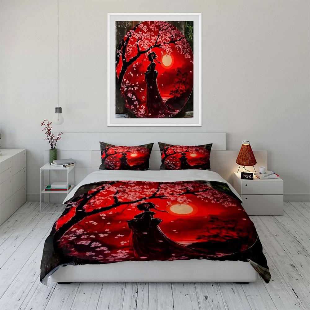 Japanese Style Sakura Sunset Decor Soft Comfortable Duvet Cover Bedding Set Included 1*Duvet Cover & 2*Pillowcases, Gift