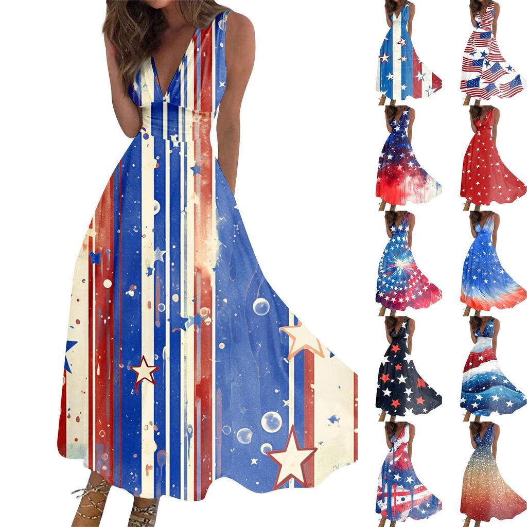 Sleeveless Maxi 4th of July Dress with Star Print Independence Day Dress for Women Casual Loose Fit Holiday Outfit
