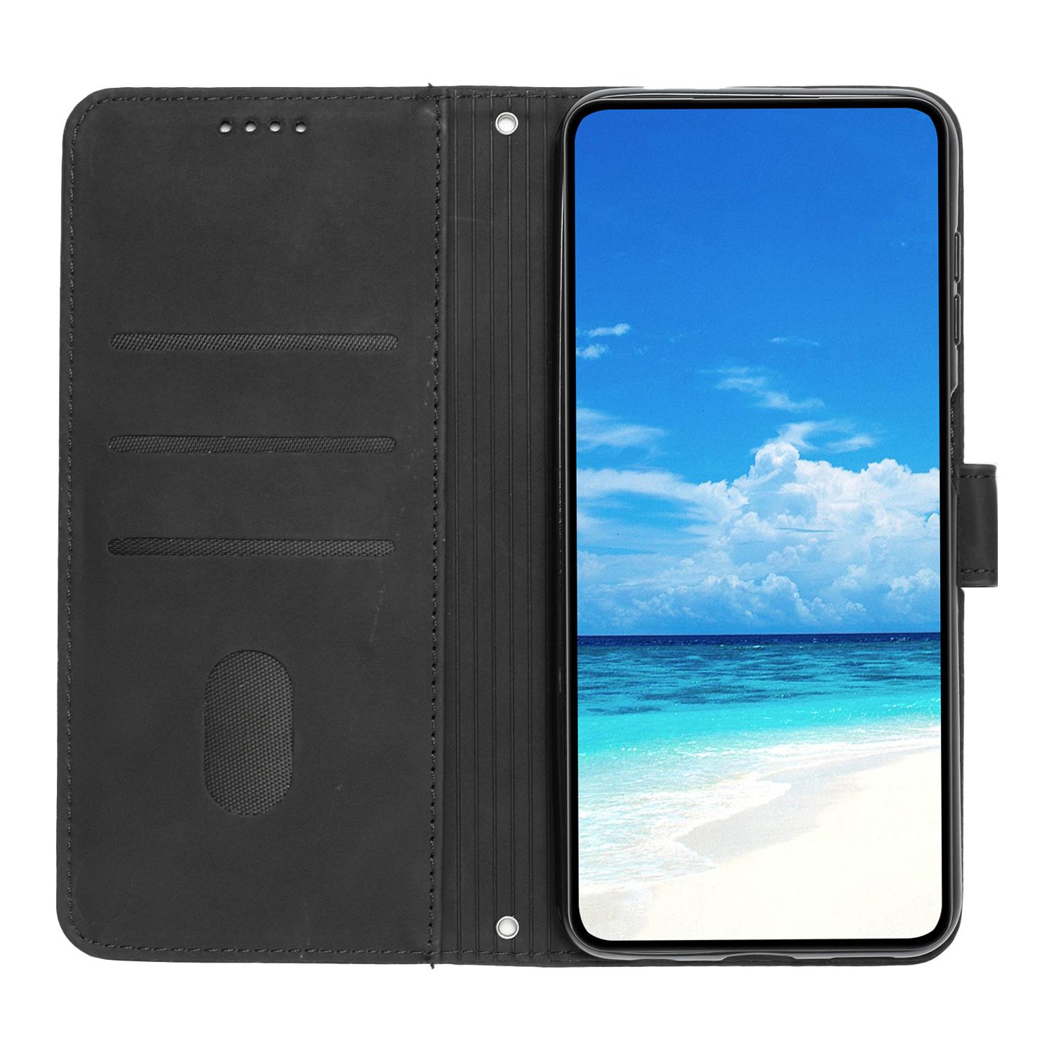 

For Google Pixel 7a PU Leather Stand Cover Heart Imprinted Phone Wallet Case with Shoulder Strap Black