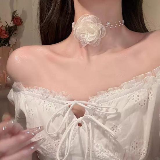 Kamelie Faux Perle Damen Halskette Vintage Französisch Hypoallergen Verstellbar Mädchen Faux Perle Blume Choker Halskette Modeschmuck