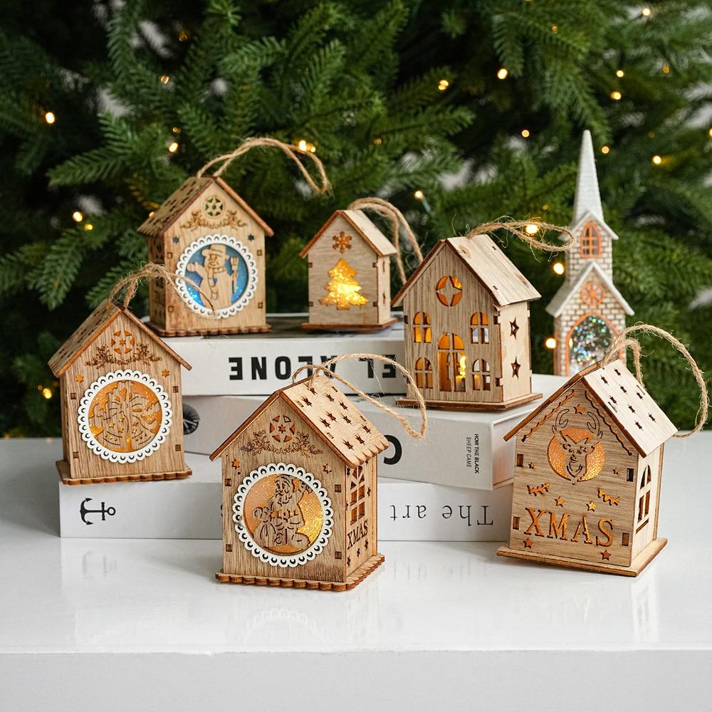 House Shape Light Decor Wood Material Hanging Charm Exquisite Christmas House Ornament Home Layout
