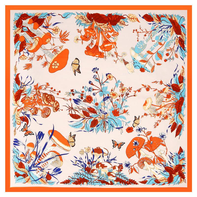 POBING Silk Scarf Women Large Shawls Plant Mushroom Print Stoles Square Bandana Luxury Kerchief Hijab Female Foulards 130CM