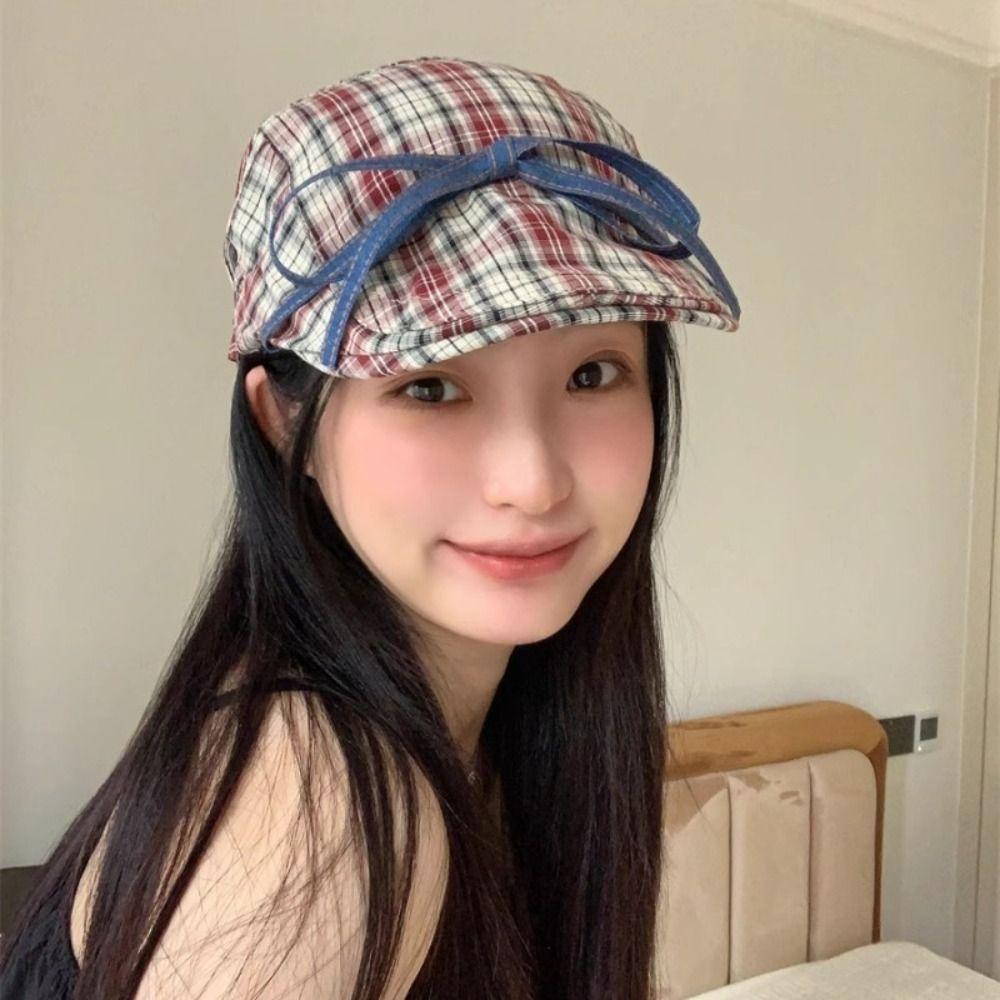 Artist Bowknot Plaid Hats Street Style Flat Visor Hat Casual Bow Newsboy Caps Girls