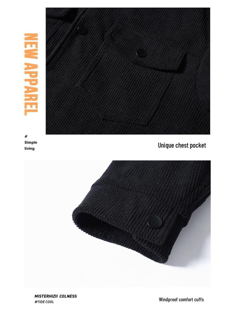 Men's Retro Corduroy Lapel Jacket - Spring/Autumn Workwear, Solid Color, Middle-Aged American Style