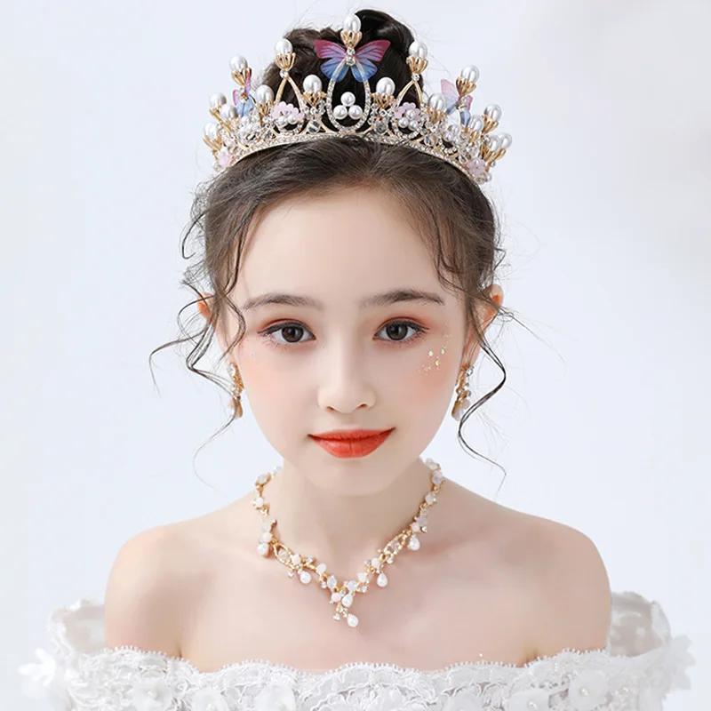 Children and Adults Romantic Butterfly Shape Princess Crown for Girls Handmade Rhinestone Tiara Pearl Headband for Birthday