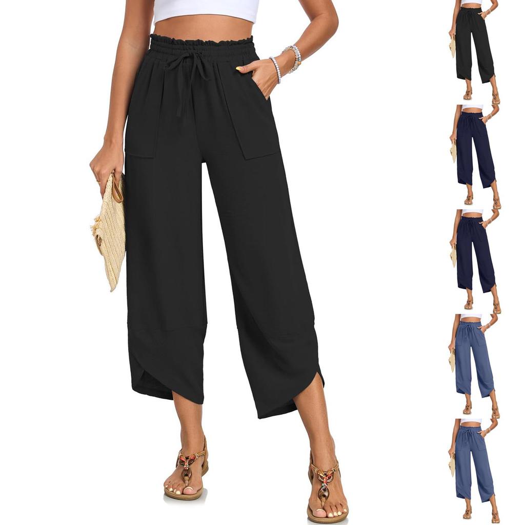 Damen Elastische Hose mit Hohem Bund Lässige Passform Weites Bein Lange Hose Hose mit Taschen