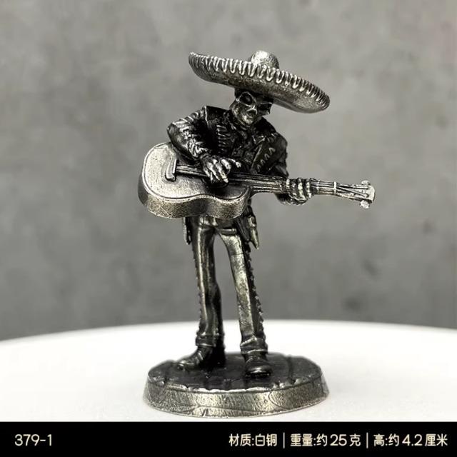 Metal Mariachi Skeleton, Handcrafted Mexican Day of The Dead Statue, Collectible Miniature for Car Decor, Cool Gift for Men