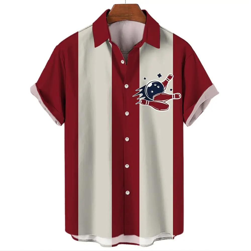 Fashion Bowling Ball Pattern Print Men's Shirt for Men Tops Summer Men's Clothing Short-Sleeved Button Loose Blouse Shirts