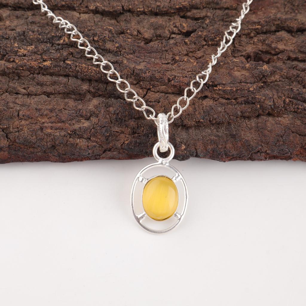 Yellow Cat'S Eye Stone 925 Silver Sisters Day Engagement Wedding Pendant Jewelry PP-6-47