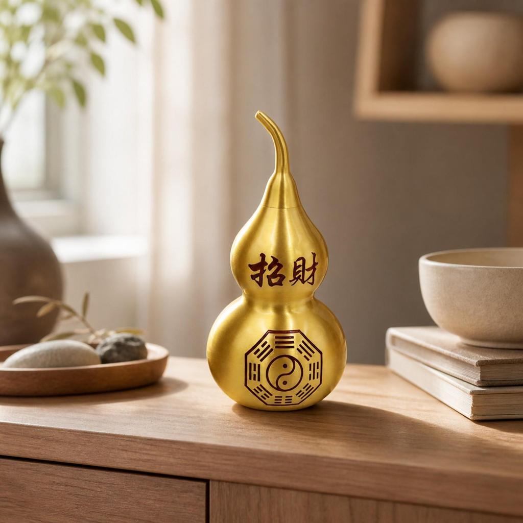 Feng Shui Brass Gourd with Bagua Symbol | DoubleLobed Shape, Calabash YinYang Motif, for