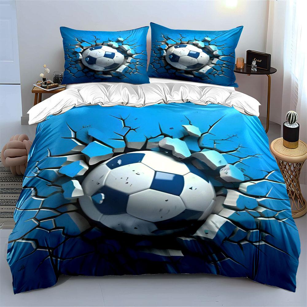 Cool 3D Soccer Ball Breaking Through Wall 3Pcs Bedding Set Soft Microfiber Bedding Set For Football Fans & Boys Room Decor