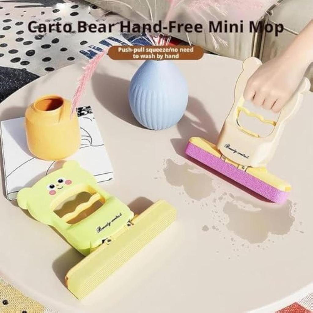 Cute Cartoon Bear Pattern Handheld Mop - Small Self-Squeezing Absorbent Mop, Foldable Microfiber