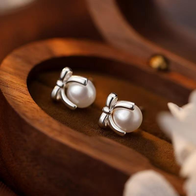 Real 925 Silver Bowknot Pearl Mini Stud Earrings For Women Party Classic Fine Jewelry Small Niche Accessories