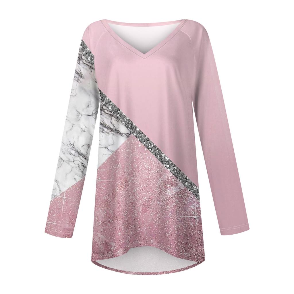 Women's And Winter Long Sleeved V-neck Printing Casual Long Loose T-shirt Top