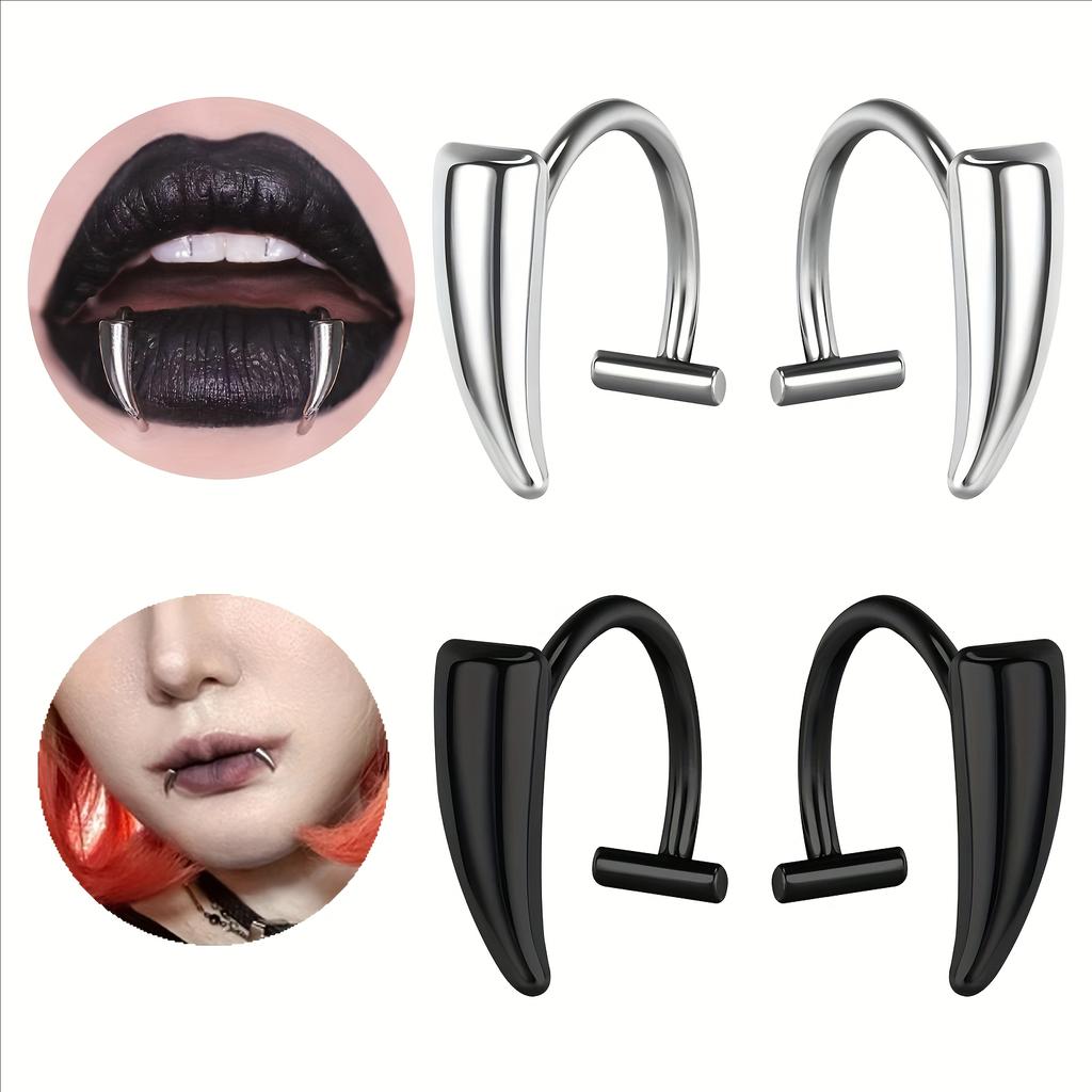 2/4 Stück Punk Edelstahl Scharfe Zähne Fake Piercing Lippenring Übertriebener Schmuck für Frauen Gothic Körperschmuck Neu