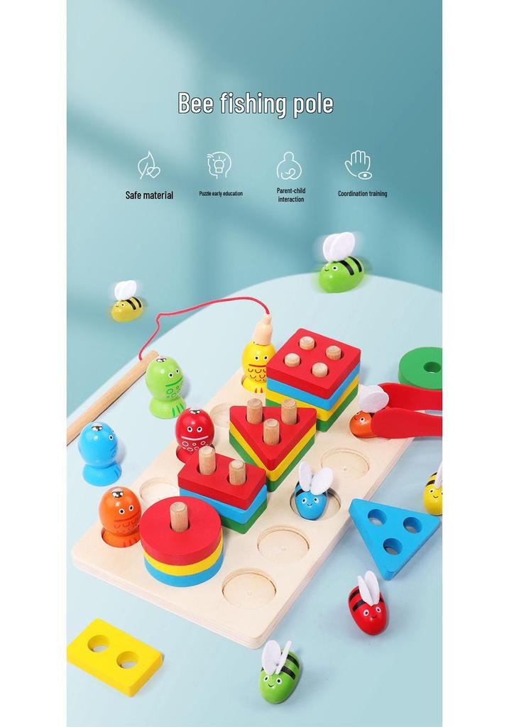 Three-in-One Wooden Fishing Bee Game: Educational Geometric Shape Matching Toy for Children
