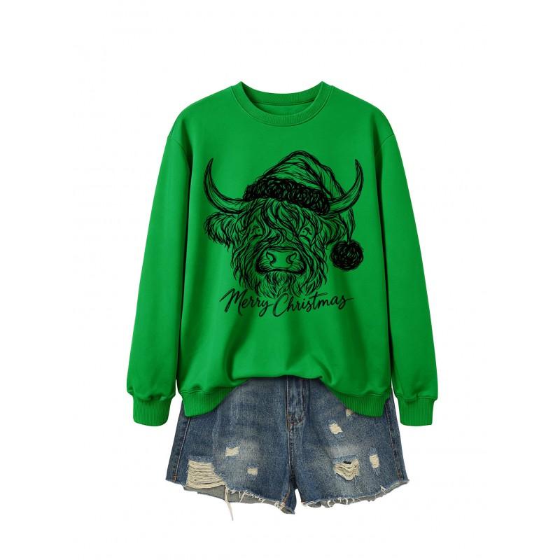 Womens Casual Fashion Christmas Yak Head Print Crewneck Sweatshirt Regular Fit Daily Wear