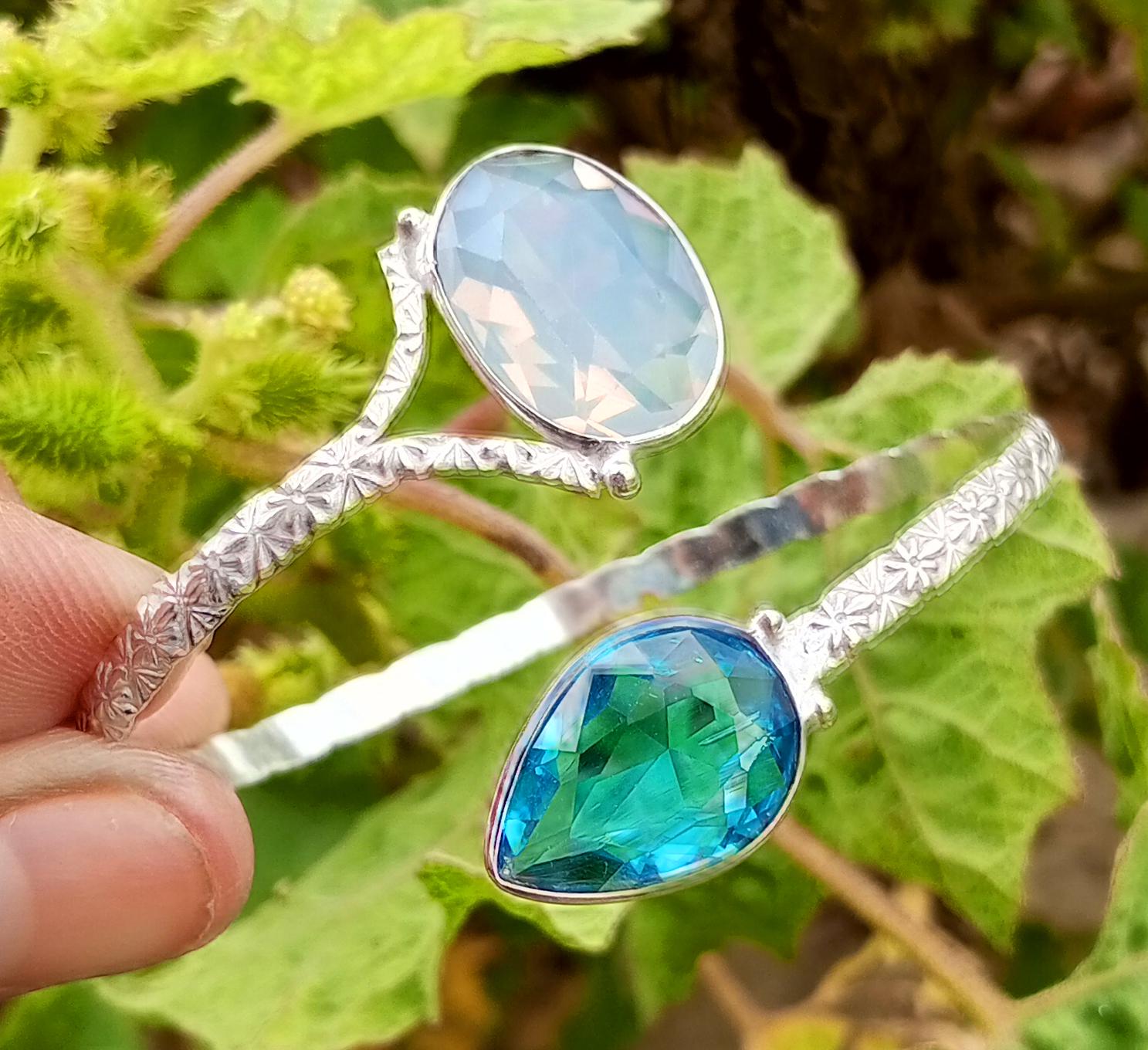 

Граненый стеклянный драгоценный камень Стерлингового серебра 925 пробы с покрытием Регулируемый браслет-манжета унисекс/ювелирные изделия-браслет