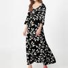 Women's Vintage Print Tunic Waisted Midi Dress Summer Casual 3/4 Sleeve Dress Dress