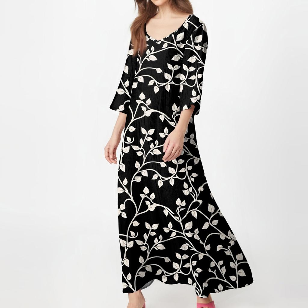 Women's Vintage Print Tunic Waisted Midi Dress Summer Casual 3/4 Sleeve Dress Dress