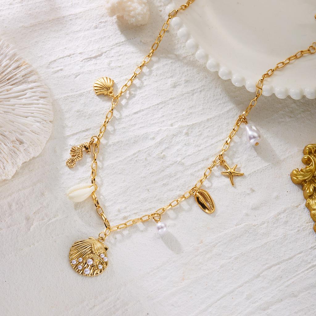 Boho Starfish Scallops Pendant Necklace for Women Ocean Seahorse Pearl Metal Chain Choker Beach Party Aesthetic Jewelry Gifts