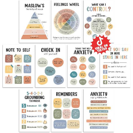 10 Pcs Care Mental Health Posters, Mental Health Matters Poster, Therapy Office Decor, Counseling Office Must Haves, School Counselor PR Colorful разноцветный